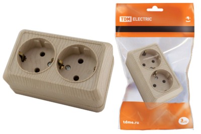 Розетка двойная 2П+З открытой установки IP20 16А, сосна “Ладога” TDM