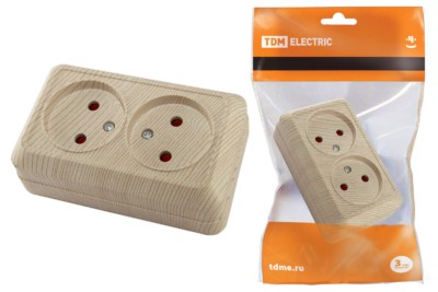 Розетка двойная 2П открытой установки с з/ш IP20 10А, сосна “Ладога” TDM