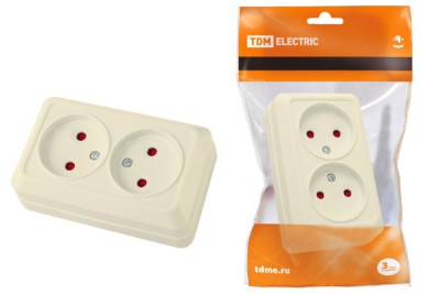 Розетка двойная 2П открытой установки с з/ш IP20 10А, слоновая кость “Ладога” TDM