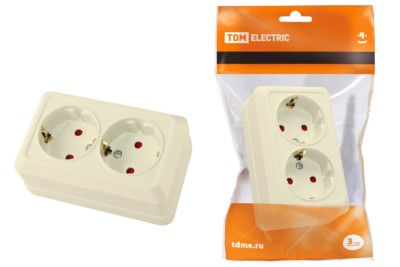 Розетка двойная 2П+З открытой установки с з/ш IP20 16А, слоновая кость “Ладога” TDM