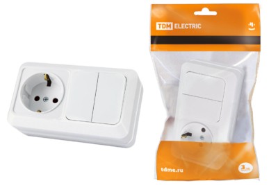 Блок комбинированный выкл. 2-кл. 10А + розетка 2П+З 16А 250В БКВР IP20 белый “Ладога” TDM