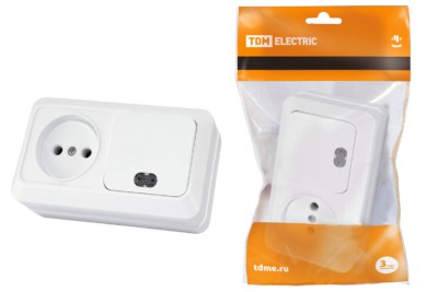 Блок комбинированный выключатель 1-кл. с подсветкой 10А + розетка 2П 10А 250В БКВР IP20 белый “Ладога” TDM