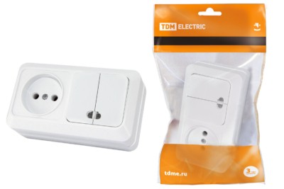 Блок комбинированный выключатель 2-кл. 10А с подсветкой + розетка 2П 10А 250В БКВР IP20 белый “Ладога” TDM