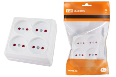 Розетка четырехместная 2П открытой установки IP20 10A с защитными шторками белая “Ладога” TDM