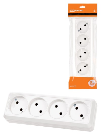 Розетка 4-х местная горизонтальная 2П открытой установки IP20 10A белая “Ладога” TDM