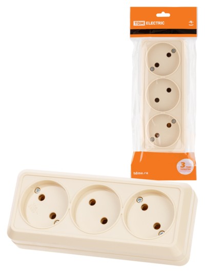 Розетка 3-х местная горизонтальная 2П открытой установки IP20 10A сл. кость “Ладога” TDM