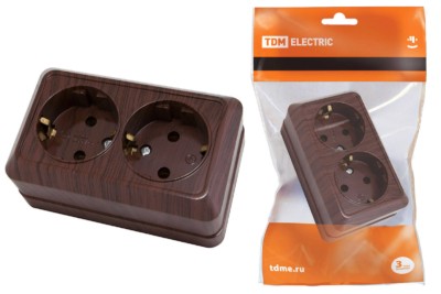 Розетка двойная 2П+3 открытой установки IP20 16А 250В (керамика) бук “Ладога” TDM