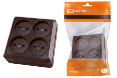 Розетка четырехместная 2П открытой установки IP20 10A с защитными шторками бук “Ладога” TDM