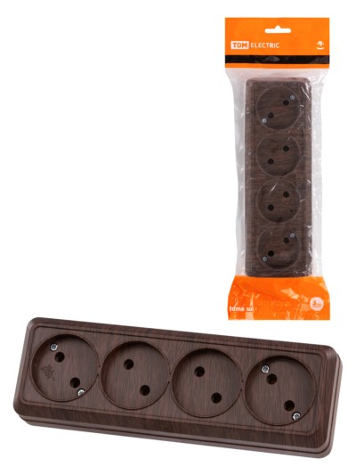 Розетка 4-х местная горизонтальная 2П открытой установки IP20 10A бук “Ладога” TDM