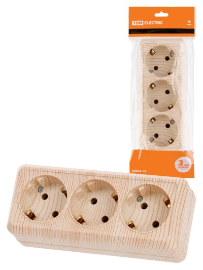 Розетка 3-х местная горизонтальная 2П+3 открытой установки IP20 16A сосна “Ладога” TDM