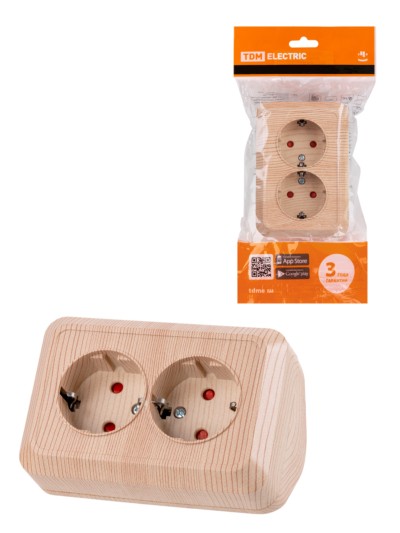 Розетка угловая двойная 2П+3 открытой установки с з/ш IP20 250В 16А сосна “Ладога” TDM