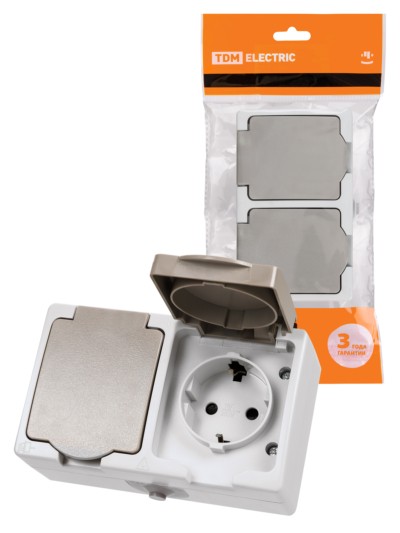 Розетка двойная 2П+З (горизонтальная) открытой установки IP54 16А серая “Вуокса” TDM
