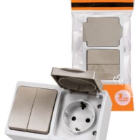 Блок (горизонтальный) выключатель 2-кл. + розетка 2П+З с з/ш БКВР IP54 серый “Вуокса” TDM