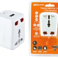 Тревел-адаптер 100-250В 3A (5 в 1) c USB-зарядкой 1000мА белый TDM