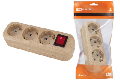 Колодка розеточная 3 гнезда 2П+3 с выключателем16А 250В “Эко” (сосна) TDM