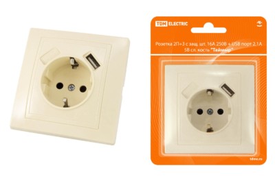 Розетка 2П+З с защ. шт. 16А 250В + USB порт 2,1А 5В сл. кость “Таймыр” TDM