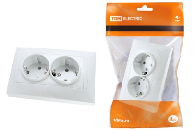 Розетка двойная 2П+З 16А 250В с защ. шт. белая “Лама” TDM