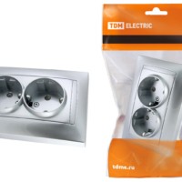 Розетка двойная 2П+З 16А 250В с защ. шт. серебр. металлик “Лама” TDM