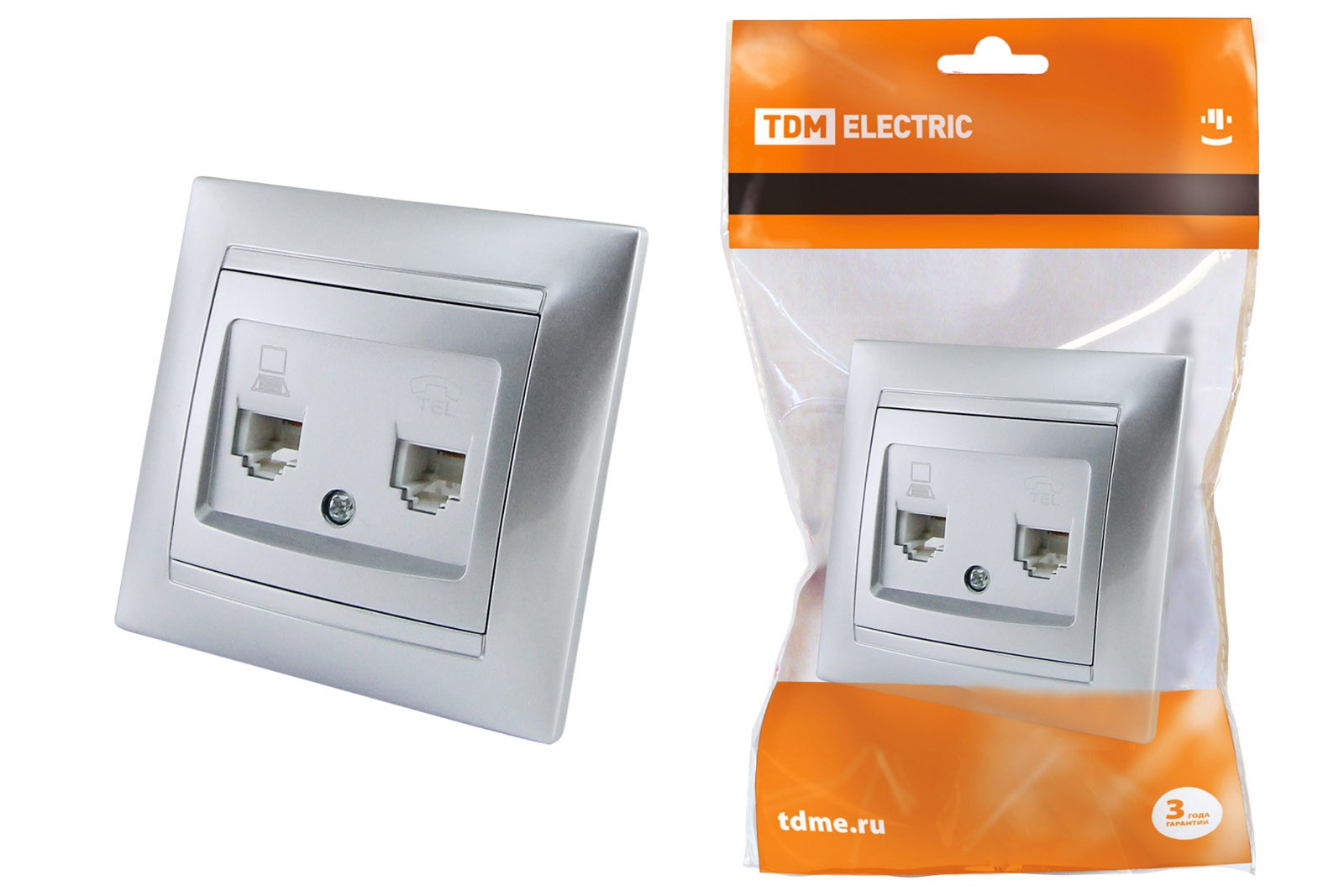 Розетка ТФ RJ11 + ПК RJ45 серебр. металлик "Лама" TDM
