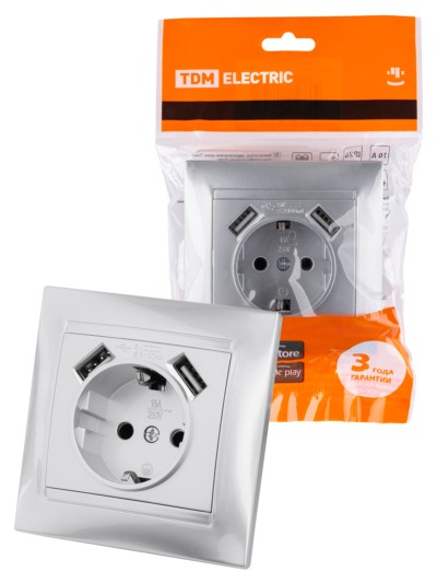 Розетка 2П+З 16А 250В + 2 USB порта 2,1А 5В металлик “Лама” TDM
