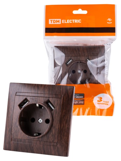 Розетка 2П+З 16А 250В + 2 USB порта 2,1А 5В венге “Лама” TDM