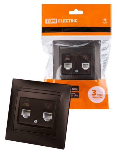 Розетка ТФ RJ11 + ПК RJ45 шоколад “Лама” TDM