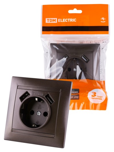 Розетка 2П+З 16А 250В + 2 USB порта 2,1А 5В шоколад “Лама” TDM