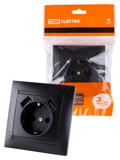 Розетка 2П+З 16А 250В + 2 USB порта 2,1А 5В графит “Лама” TDM