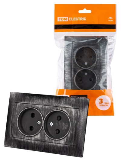 Розетка двойная 2П 10А 250В с защ. шт. старинное серебро “Лама” TDM