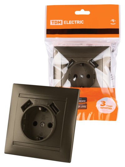 Розетка 2П+З 16А 250В + 2 USB порта 2,1А 5В бронза “Лама” TDM