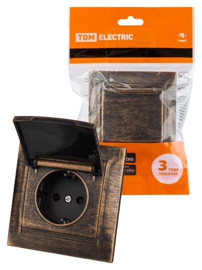 Розетка 2П+З 16А 250В IP44 с защ. шт. с крышкой старинная бронза “Лама” TDM