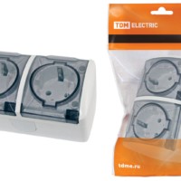 Розетка двойная 2П+3 открытой установки IP54 16А с прозрачной крышкой белая “Селигер” TDM