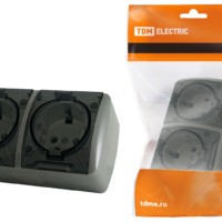 Розетка двойная 2П+3 открытой установки IP54 16А с прозрачной крышкой серая “Селигер” TDM