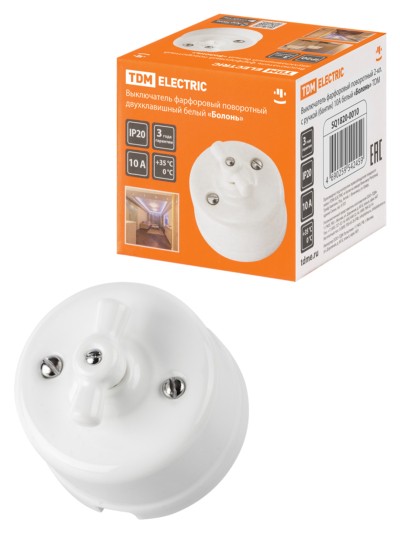 Выключатель 2кл. фарфоровый поворотный с ручкой (бантик) 10А белый Болонь TDM