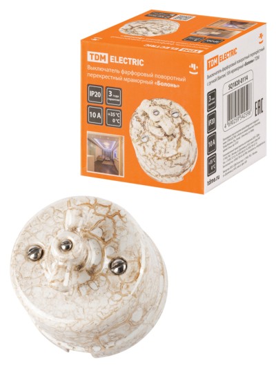 Выключатель фарфоровый поворотный перекрёстный с ручкой (бантик) 10А мраморный Болонь TDM