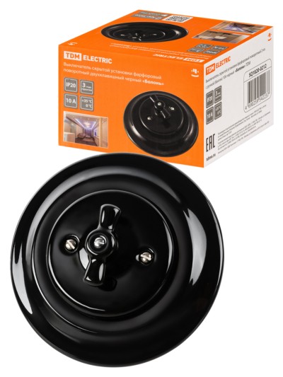 Выключатель 2кл. СУ фарфоровый поворотный с ручкой (бантик) 10А черный Болонь TDM