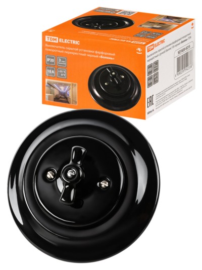 Выключатель СУ фарфоровый поворотный перекрёстный с ручкой (бантик) 10А черный Болонь TDM