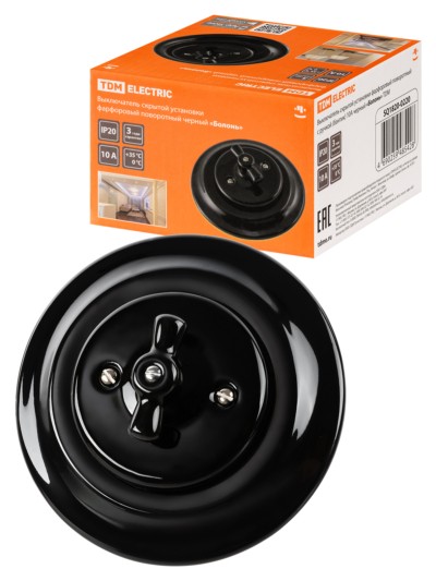 Выключатель СУ фарфоровый поворотный с ручкой (бантик) 10А черный Болонь TDM