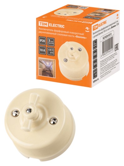 Выключатель 2кл. фарфоровый поворотный с ручкой (бантик) 10А сл. кость Болонь TDM