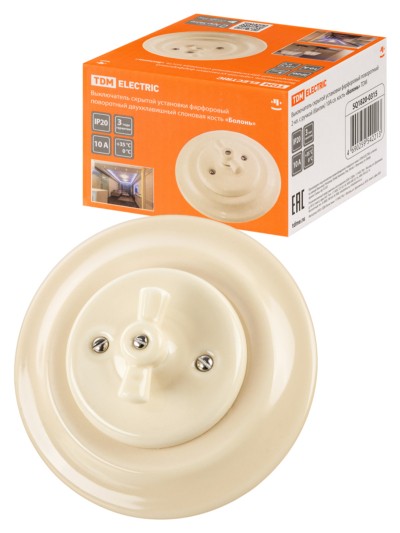 Выключатель 2кл. СУ фарфоровый поворотный с ручкой (бантик) 10А сл. кость Болонь TDM