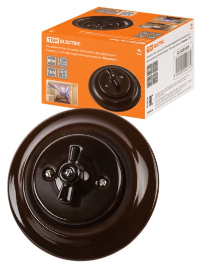 Выключатель СУ фарфоровый поворотный проходной с ручкой (бантик) 10А коричневый Болонь TDM