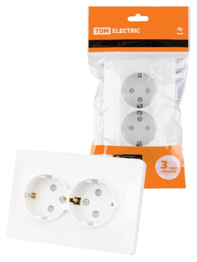 Розетка двойная 2П+З с защ. шт. 16А 250В белая “Ильмень” TDM