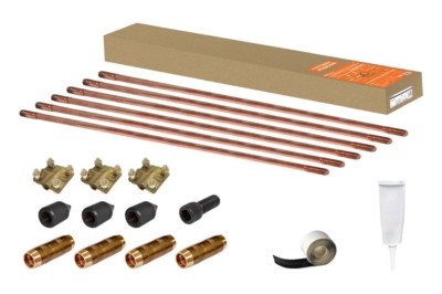 Комплект заземления №1 для частного дома на основе стальных омедненных стержней D14 9м крестовой зажим лента паста TDM