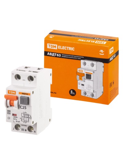 Выключатель АВДТ 63 2Р(1Р+N) C25 30мА 6кА тип А TDM