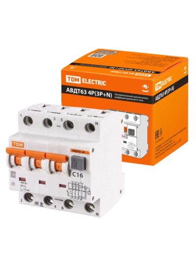 Выключатель АВДТ 63 4P(3Р+N) C16 30мА 6кА тип А TDM