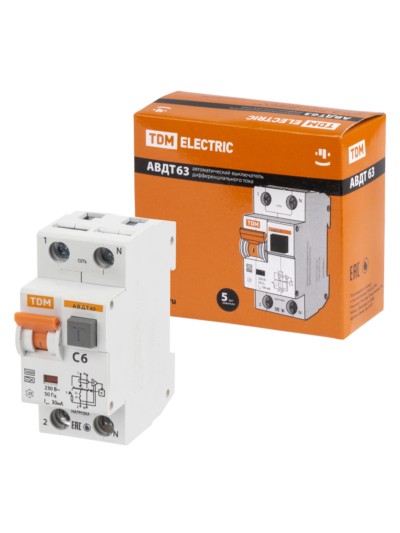 Выключатель АВДТ 63 2Р(1Р+N) C6 30мА 6кА тип А TDM
