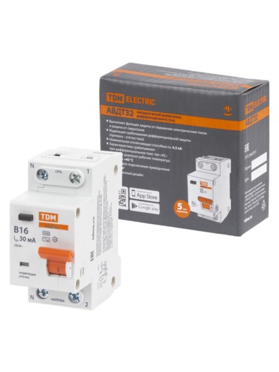 Выключатель АВДТ 32 2P(1P+N) B16 30мА 4,5кА тип АС TDM