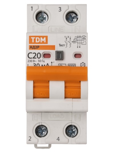 Выключатель АВДТ АД2P 2Р С20 30мА 6кА тип АС TDM — изображение 3