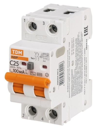 Выключатель АВДТ АД2P 2Р С25 100мА 6кА тип АС TDM — изображение 2