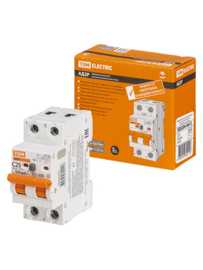 Выключатель АВДТ АД2P 2Р С25 100мА 6кА тип АС TDM